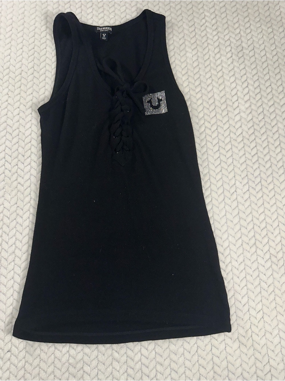 True Religion Women's Crystal Arched Logo Tank Top Black Ribbed Size S